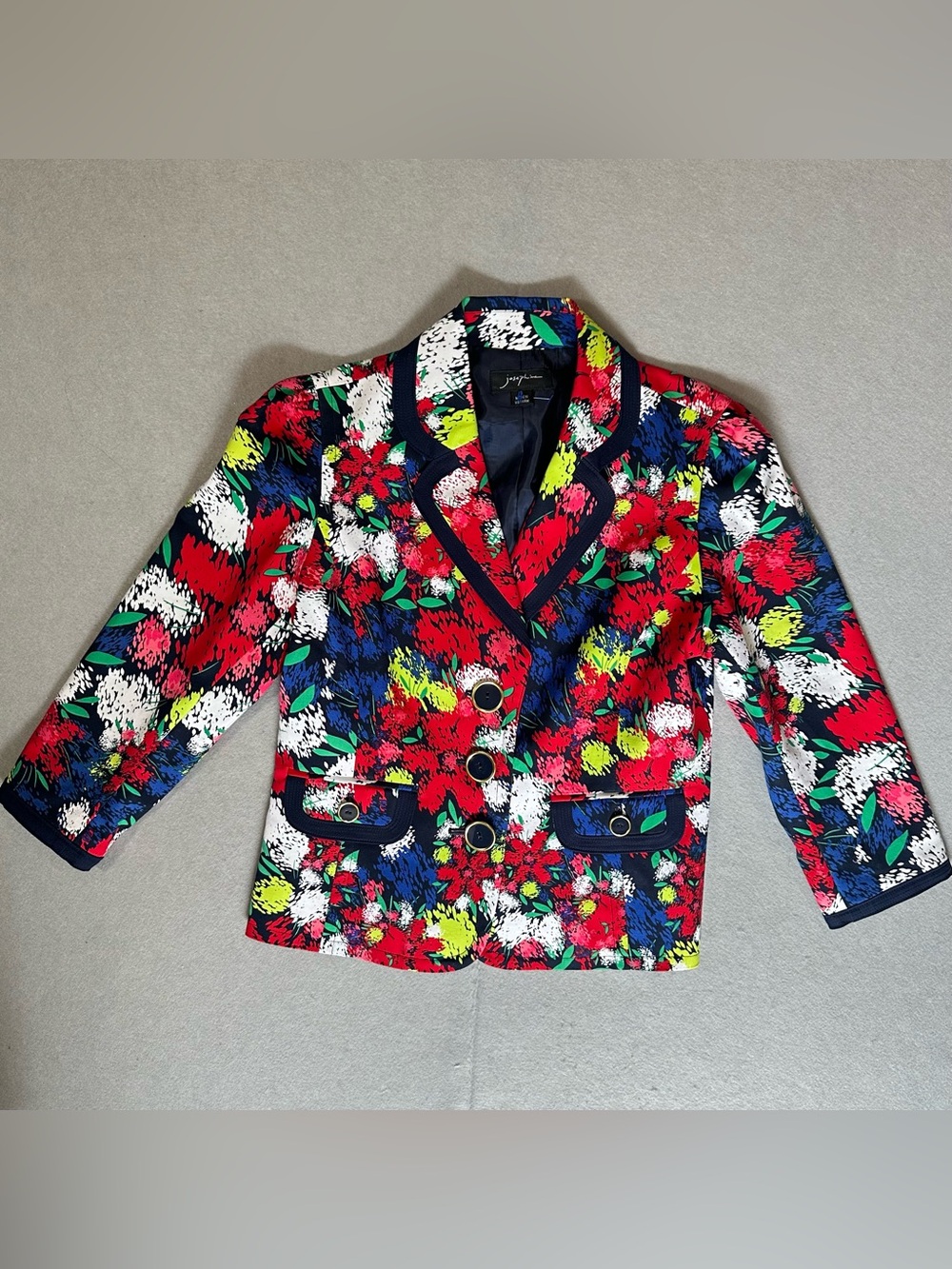 Bold Floral Blazer with Navy Trim - Multicolor